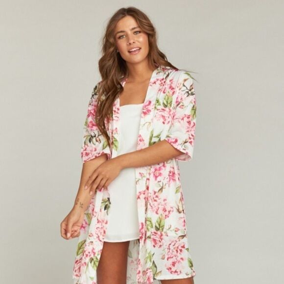 SHOW ME YOUR MUMU Bree Garden Of Bloom Floral Print Robe White Pink OS - Picture 7 of 13